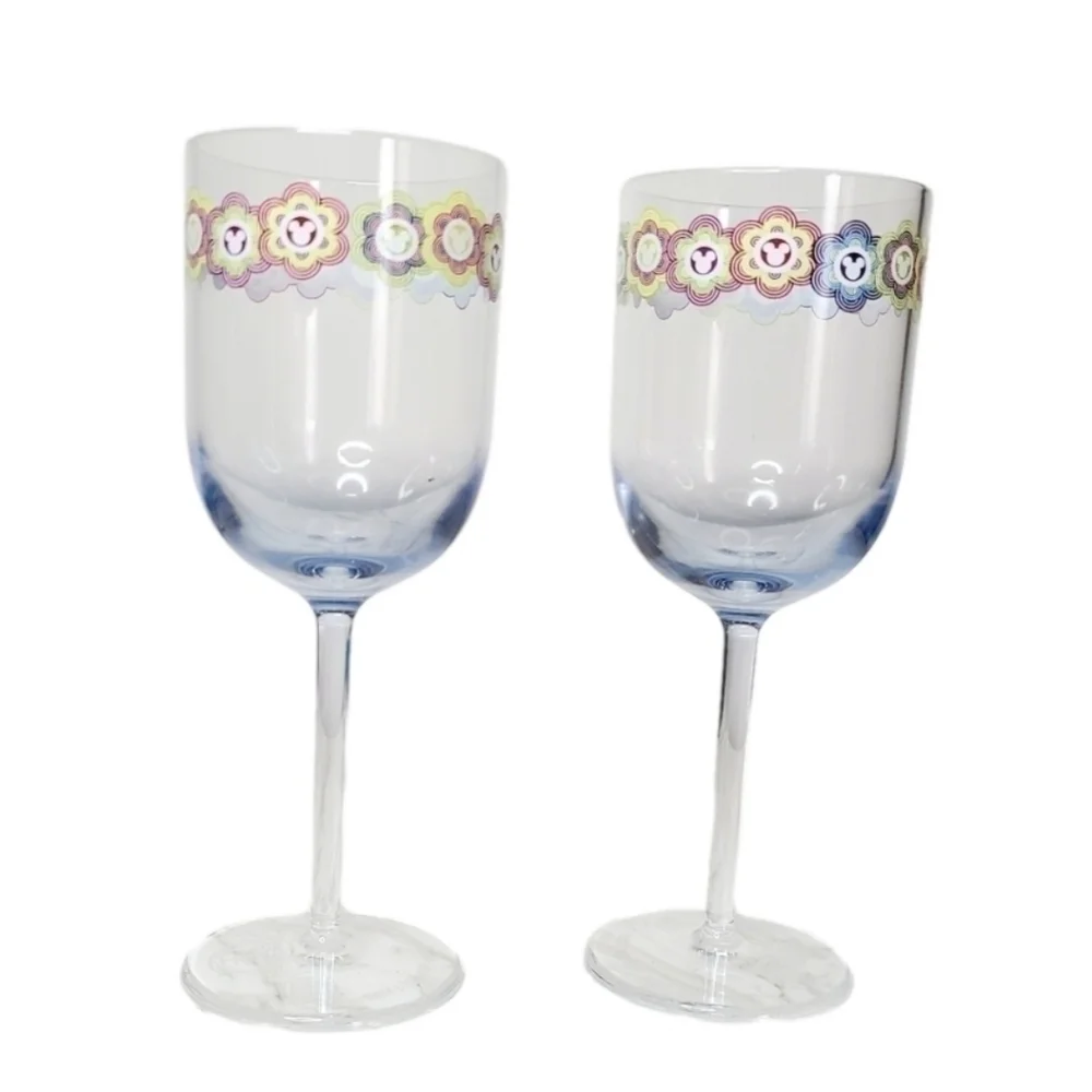 2 Disney Parks Multicolor Mickey Border Shatter Proof Stem Wine Glasses